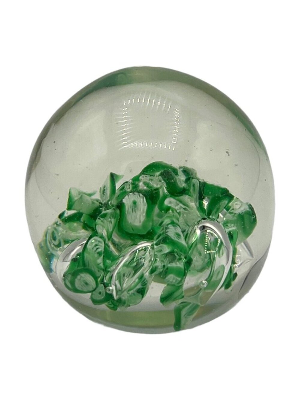 Vintage Clear Art Glass Paperweight Green Controlled Bubble Abstract Sphere - Picture 3 of 6